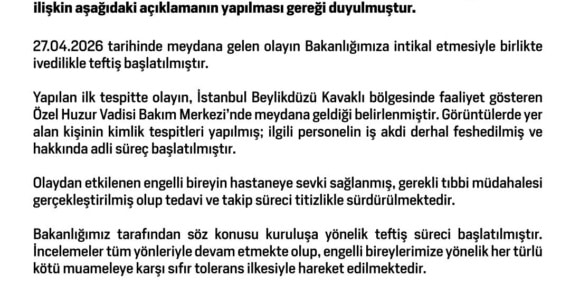 Bakanlık: Bakımevinde engelli bireye şiddet uygulayan persone